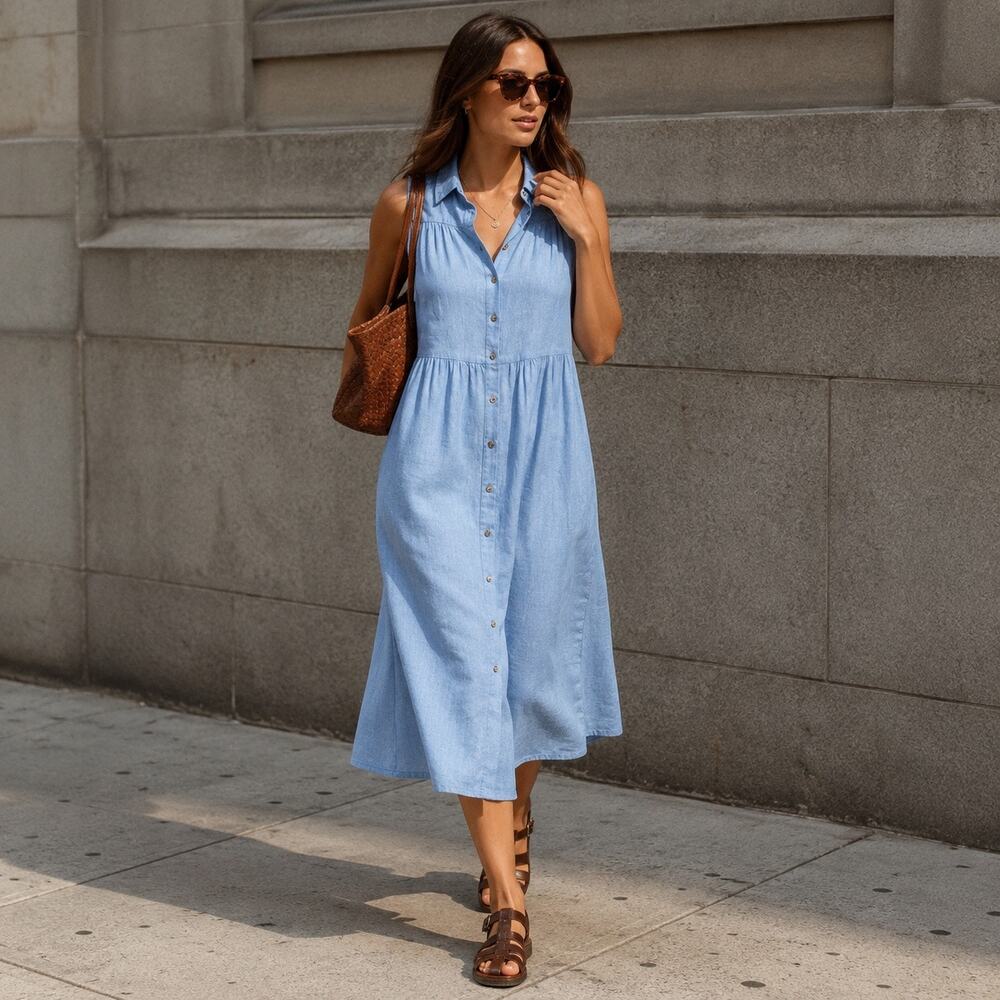 Fat Face Jolene Blue Chambray Button Down Front Maxi Shirt Dress Size 2